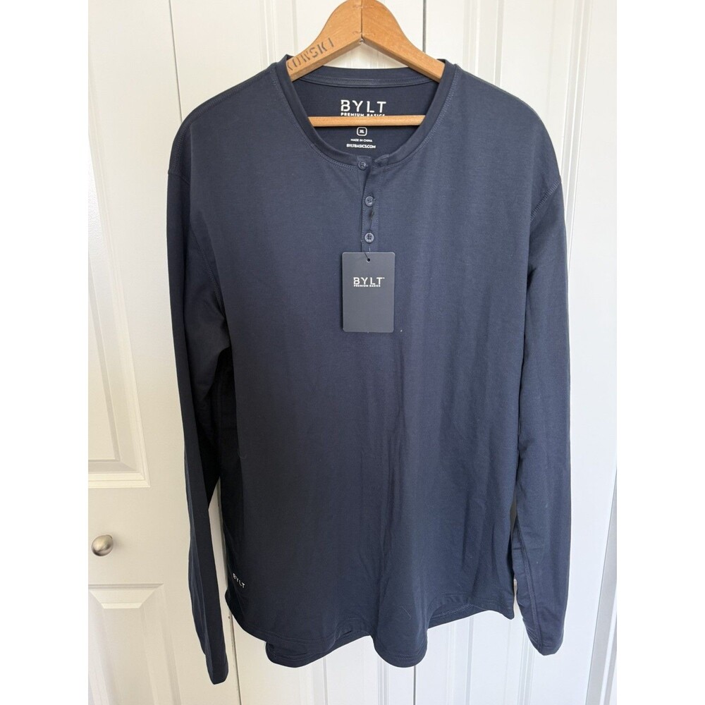 BYLT Drop Cut Henley T Shirt Men XL blue Long Sleeve Lux Pullover Active